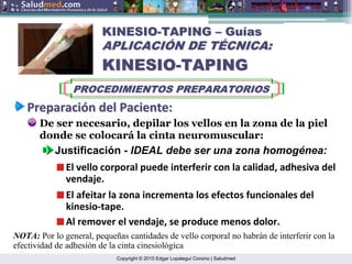 Copyright © 2015 Edgar Lopategui Corsino | Saludmed
KINESIO
KINESIO-
-TAPING
TAPING –
– Gu
Guí
ías
as
APLICACI
APLICACIÓ
ÓN DE T
N DE TÉ
ÉCNICA:
CNICA:
KINESIO
KINESIO-
-TAPING
TAPING
PROCEDIMIENTOS PREPARATORIOS
PROCEDIMIENTOS PREPARATORIOS
Preparaci
Preparació
ón
n del
del Paciente
Paciente:
:
De ser necesario, depilar los vellos en la zona de la piel
donde se colocará la cinta neuromuscular:
Justificación - IDEAL debe ser una zona homogénea:
El vello corporal puede interferir con la calidad, adhesiva del
vendaje.
El afeitar la zona incrementa los efectos funcionales del
kinesio‐tape.
Al remover el vendaje, se produce menos dolor.
NOTA: Por lo general, pequeñas cantidades de vello corporal no habrán de interferir con la
efectividad de adhesión de la cinta cinesiológica
 