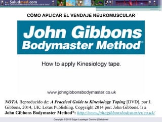 Copyright © 2015 Edgar Lopategui Corsino | Saludmed
NOTA. Reproducido de: A Practical Guide to Kinesiology Taping [DVD], por J.
Gibbons, 2014, UK: Lotus Publishing. Copyright 2014 por: John Gibbons. Ir a
John Gibbons Bodymaster Method®: http://www.johngibbonsbodymaster.co.uk/
CÓMO APLICAR EL VENDAJE NEUROMUSCULAR
 