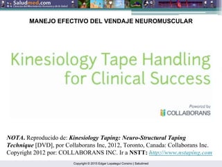 Copyright © 2015 Edgar Lopategui Corsino | Saludmed
MANEJO EFECTIVO DEL VENDAJE NEUROMUSCULAR
NOTA. Reproducido de: Kinesiology Taping: Neuro-Structural Taping
Technique [DVD], por Collaborans Inc, 2012, Toronto, Canada: Collaborans Inc.
Copyright 2012 por: COLLABORANS INC. Ir a NSTT: http://www.nstaping.com
 