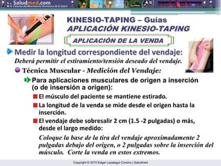 Copyright © 2015 Edgar Lopategui Corsino | Saludmed
Medir
Medir la
la longitud
longitud correspondiente
correspondiente del
del vendaje
vendaje:
:
Técnica Muscular - Medición del Vendaje:
Para aplicaciones musculares de origen a inserción
(o de insersión a origen):
El músculo del paciente se mantiene estirado.
La longitud de la venda se mide desde el origen hasta la
inserción.
Deberá permitir el estiramiento/tensión deseado del vendaje.
El vendaje debe sobresalir 2 cm (1.5 ‐2 pulgadas) o más,
desde el largo medido:
KINESIO
KINESIO-
-TAPING
TAPING –
– Gu
Guí
ías
as
APLICACI
APLICACIÓ
ÓN KINESIO
N KINESIO-
-TAPING
TAPING
APLICACI
APLICACIÓ
ÓN DE LA VENDA
N DE LA VENDA
Coloque la base de la tira del vendaje aproximadamente 2
pulgadas debajo del origen, o 2 pulgadas sobre la inserción del
músculo. Corte la venda en estos extremos.
 