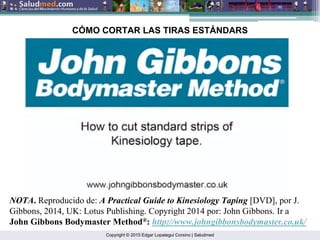 Copyright © 2015 Edgar Lopategui Corsino | Saludmed
NOTA. Reproducido de: A Practical Guide to Kinesiology Taping [DVD], por J.
Gibbons, 2014, UK: Lotus Publishing. Copyright 2014 por: John Gibbons. Ir a
John Gibbons Bodymaster Method®: http://www.johngibbonsbodymaster.co.uk/
CÓMO CORTAR LAS TIRAS ESTÁNDARS
 