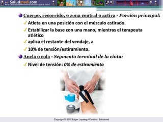 Copyright © 2015 Edgar Lopategui Corsino | Saludmed
Cuerpo, recorrido, o zona central o activa - Porción principal:
Ancla o cola - Segmento terminal de la cinta:
Atleta en una posici
Atleta en una posició
ón con el m
n con el mú
úsculo estirado.
sculo estirado.
Estabilizar la base con una mano, mientras el terapeuta
Estabilizar la base con una mano, mientras el terapeuta
atl
atlé
ético
tico
aplica el restante del vendaje, a
aplica el restante del vendaje, a
10% de tensi
10% de tensió
ón/estiramiento.
n/estiramiento.
Nivel de tensi
Nivel de tensió
ón:
n: 0% de estiramiento
0% de estiramiento
 
