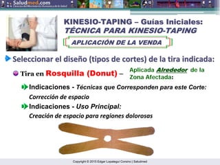 Copyright © 2015 Edgar Lopategui Corsino | Saludmed
Seleccionar
Seleccionar el
el dise
diseñ
ño
o (
(tipos
tipos de
de cortes
cortes) de la
) de la tira
tira indicada
indicada:
:
Tira en Rosquilla (Donut) –
Indicaciones - Técnicas que Corresponden para este Corte:
KINESIO
KINESIO-
-TAPING
TAPING –
– Gu
Guí
ías Iniciales:
as Iniciales:
T
TÉ
ÉCNICA PARA KINESIO
CNICA PARA KINESIO-
-TAPING
TAPING
APLICACI
APLICACIÓ
ÓN DE LA VENDA
N DE LA VENDA
Aplicada Alrededor
Alrededor de la
Zona Afectada:
Corrección de espacio
Indicaciones - Uso Principal:
Creación de espacio para regiones dolorosas
 