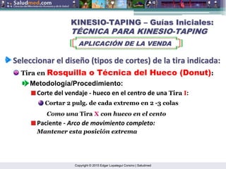 Copyright © 2015 Edgar Lopategui Corsino | Saludmed
Seleccionar
Seleccionar el
el dise
diseñ
ño
o (
(tipos
tipos de
de cortes
cortes) de la
) de la tira
tira indicada
indicada:
:
Tira en Rosquilla o Técnica del Hueco (Donut):
KINESIO
KINESIO-
-TAPING
TAPING –
– Gu
Guí
ías Iniciales:
as Iniciales:
T
TÉ
ÉCNICA PARA KINESIO
CNICA PARA KINESIO-
-TAPING
TAPING
APLICACI
APLICACIÓ
ÓN DE LA VENDA
N DE LA VENDA
Metodología/Procedimiento:
Corte del vendaje ‐ hueco en el centro de una Tira I:
Como una Tira X con hueco en el cento
Paciente ‐ Arco de movimiento completo:
Mantener esta posición extrema
Cortar 2 pulg. de cada extremo en 2 -3 colas
 