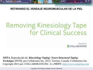 Copyright © 2015 Edgar Lopategui Corsino | Saludmed
RETIRANDO EL VENDAJE NEUROMUSCULAR DE LA PIEL
NOTA. Reproducido de: Kinesiology Taping: Neuro-Structural Taping
Technique [DVD], por Collaborans Inc, 2012, Toronto, Canada: Collaborans Inc.
Copyright 2012 por: COLLABORANS INC. Ir a NSTT: http://www.nstaping.com
 