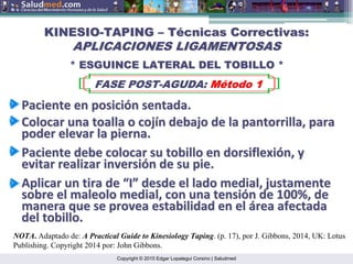 Copyright © 2015 Edgar Lopategui Corsino | Saludmed
KINESIO
KINESIO-
-TAPING
TAPING –
– T
Té
écnicas Correctivas:
cnicas Correctivas:
APLICACIONES LIGAMENTOSAS
APLICACIONES LIGAMENTOSAS
FASE POST
FASE POST-
-AGUDA:
AGUDA: M
Mé
étodo 1
todo 1
* ESGUINCE LATERAL DEL TOBILLO *
* ESGUINCE LATERAL DEL TOBILLO *
NOTA. Adaptado de: A Practical Guide to Kinesiology Taping. (p. 17), por J. Gibbons, 2014, UK: Lotus
Publishing. Copyright 2014 por: John Gibbons.
Paciente
Paciente en
en posici
posició
ón
n sentada.
sentada.
Colocar
Colocar una
una toalla
toalla o
o coj
cojí
ín
n debajo
debajo de la
de la pantorrilla
pantorrilla,
, para
para
poder
poder elevar
elevar la
la pierna
pierna.
.
Paciente
Paciente debe
debe colocar
colocar su
su tobillo
tobillo en
en dorsiflexi
dorsiflexió
ón
n, y
, y
evitar
evitar realizar
realizar inversi
inversió
ón
n de
de su
su pie.
pie.
Aplicar
Aplicar un
un tira
tira de
de “
“I
I”
” desde
desde el
el lado
lado medial,
medial, justamente
justamente
sobre
sobre el
el maleolo
maleolo medial, con
medial, con una
una tensi
tensió
ón
n de 100%, de
de 100%, de
manera
manera que
que se
se provea
provea estabilidad
estabilidad en el
en el á
área
rea afectada
afectada
del
del tobillo
tobillo.
.
 