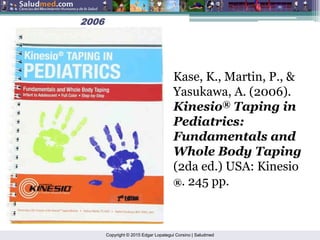 Copyright © 2015 Edgar Lopategui Corsino | Saludmed
2006
2006
Kase, K., Martin, P., &
Yasukawa, A. (2006).
Kinesio® Taping in
Pediatrics:
Fundamentals and
Whole Body Taping
(2da ed.) USA: Kinesio
®. 245 pp.
 