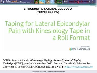 Copyright © 2015 Edgar Lopategui Corsino | Saludmed
NOTA. Reproducido de: Kinesiology Taping: Neuro-Structural Taping
Technique [DVD], por Collaborans Inc, 2012, Toronto, Canada: Collaborans Inc.
Copyright 2012 por: COLLABORANS INC. Ir a NSTT: http://www.nstaping.com
EPICONDILITIS LATERAL DEL CODO
(TENNIS ELBOW)
 