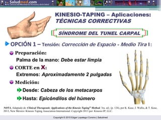 Copyright © 2015 Edgar Lopategui Corsino | Saludmed
CORTE en X:
Medición:
Extremos: Aproximadamente 2 pulgadas
Desde: Cabeza de los metacarpos
Hasta: Epicóndilos del húmero
Preparación:
Palma de la mano: Debe estar limpia
NOTA. Adaptado de: Clinical Therapeutic Applications of the Kinesio Taping®
Method. 3ra. ed.; (p. 124), por K. Kase, J. Wallis, & T. Kase,
2013, New Mexico: Kinesio Taping Association International. Copyright 2013 por: Kinesio IP, LLC.
KINESIO
KINESIO-
-TAPING
TAPING –
– Aplicaciones:
Aplicaciones:
T
TÉ
ÉCNICAS CORRECTIVAS
CNICAS CORRECTIVAS
S
SÍ
ÍNDROME DEL TUNEL CARPAL
NDROME DEL TUNEL CARPAL
OPCI
OPCIÓ
ÓN 1
N 1 –
– Tensi
Tensió
ón
n:
: Correcci
Correcció
ón
n de
de Espacio
Espacio -
- Medio
Medio Tira
Tira I:
I:
 