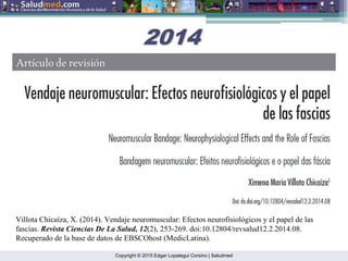 Copyright © 2015 Edgar Lopategui Corsino | Saludmed
Villota Chicaíza, X. (2014). Vendaje neuromuscular: Efectos neurofisiológicos y el papel de las
fascias. Revista Ciencias De La Salud, 12(2), 253-269. doi:10.12804/revsalud12.2.2014.08.
Recuperado de la base de datos de EBSCOhost (MedicLatina).
2014
2014
 