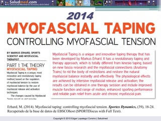 Copyright © 2015 Edgar Lopategui Corsino | Saludmed
Erhard, M. (2014). Myofascial taping: controlling myofascial tension. Sportex Dynamics, (39), 18-24.
Recuperado de la base de datos de EBSCOhost (SPORTDiscus with Full Text).
2014
2014
 