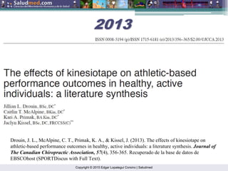 Copyright © 2015 Edgar Lopategui Corsino | Saludmed
Drouin, J. L., McAlpine, C. T., Primak, K. A., & Kissel, J. (2013). The effects of kinesiotape on
athletic-based performance outcomes in healthy, active individuals: a literature synthesis. Journal of
The Canadian Chiropractic Association, 57(4), 356-365. Recuperado de la base de datos de
EBSCOhost (SPORTDiscus with Full Text).
2013
2013
 