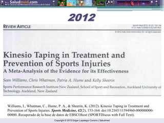 Copyright © 2015 Edgar Lopategui Corsino | Saludmed
Williams, I., Whatman, C., Hume, P. A., & Sheerin, K. (2012). Kinesio Taping in Treatment and
Prevention of Sports Injuries. Sports Medicine, 42(2), 153-164. doi:10.2165/11594960-000000000-
00000. Recuperado de la base de datos de EBSCOhost (SPORTDiscus with Full Text).
2012
2012
 