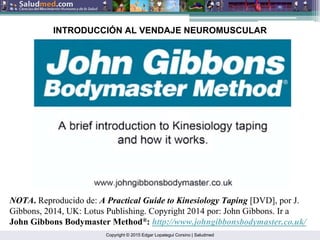 Copyright © 2015 Edgar Lopategui Corsino | Saludmed
NOTA. Reproducido de: A Practical Guide to Kinesiology Taping [DVD], por J.
Gibbons, 2014, UK: Lotus Publishing. Copyright 2014 por: John Gibbons. Ir a
John Gibbons Bodymaster Method®: http://www.johngibbonsbodymaster.co.uk/
INTRODUCCIÓN AL VENDAJE NEUROMUSCULAR
 