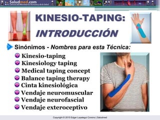 Copyright © 2015 Edgar Lopategui Corsino | Saludmed
KINESIO
KINESIO-
-TAPING:
TAPING:
INTRODUCCI
INTRODUCCIÓ
ÓN
N
Sinónimos - Nombres para esta Técnica:
Kinesio-taping
Kinesiology taping
Medical taping concept
Vendaje neuromuscular
Cinta kinesiológica
Vendaje neurofascial
Vendaje exteroceptivo
Balance taping therapy
 