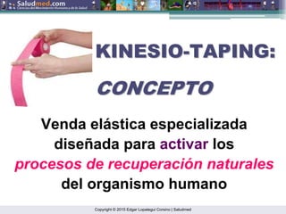 Copyright © 2015 Edgar Lopategui Corsino | Saludmed
Venda elástica especializada
diseñada para activar los
procesos de recuperación naturales
del organismo humano
KINESIO
KINESIO-
-TAPING:
TAPING:
CONCEPTO
CONCEPTO
 