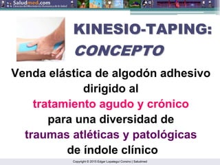 Copyright © 2015 Edgar Lopategui Corsino | Saludmed
Venda elástica de algodón adhesivo
dirigido al
tratamiento agudo y crónico
para una diversidad de
traumas atléticas y patológicas
de índole clínico
KINESIO
KINESIO-
-TAPING:
TAPING:
CONCEPTO
CONCEPTO
 