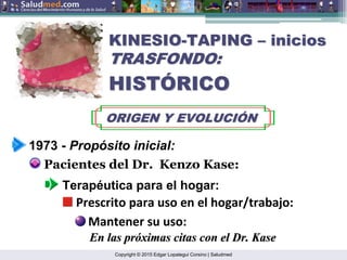 Copyright © 2015 Edgar Lopategui Corsino | Saludmed
KINESIO
KINESIO-
-TAPING
TAPING –
– inicios
inicios
TRASFONDO:
TRASFONDO:
HIST
HISTÓ
ÓRICO
RICO
ORIGEN Y EVOLUCI
ORIGEN Y EVOLUCIÓ
ÓN
N
1973 - Propósito inicial:
Pacientes del Dr. Kenzo Kase:
Terapéutica para el hogar:
Prescrito para uso en el hogar/trabajo:
Mantener su uso:
En las pr
En las pró
óximas citas con el Dr.
ximas citas con el Dr. Kase
Kase
 