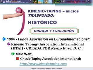 Copyright © 2015 Edgar Lopategui Corsino | Saludmed
KINESIO
KINESIO-
-TAPING
TAPING –
– inicios
inicios
TRASFONDO:
TRASFONDO:
HIST
HISTÓ
ÓRICO
RICO
1984 - Funda Asociación en Europa/Internacional:
Kinesio Taping® Association International
(KTAI) - CREADA POR Kenzo Kase, D. C. :
Sitio Web:
Kinesio Taping Association International:
http://www.kinesiotaping.com
ORIGEN Y EVOLUCI
ORIGEN Y EVOLUCIÓ
ÓN
N
 
