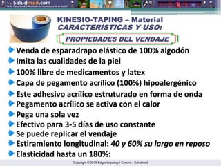 Copyright © 2015 Edgar Lopategui Corsino | Saludmed
100%
100% libre
libre de
de medicamentos
medicamentos y latex
y latex
Venda de
Venda de esparadrapo
esparadrapo el
elá
ástico
stico de 100%
de 100% algod
algodó
ón
n
Capa
Capa de
de pegamento
pegamento acr
acrí
ílico
lico (100%)
(100%) hipoalerg
hipoalergé
énico
nico
Imita
Imita las
las cualidades
cualidades de la
de la piel
piel
Elasticidad
Elasticidad hasta
hasta un 180%:
un 180%:
Este
Este adhesivo
adhesivo acr
acrí
ílico
lico estruturado
estruturado en forma de
en forma de onda
onda
Pegamento
Pegamento acr
acrí
ílico
lico se
se activa
activa con el
con el calor
calor
Pega
Pega una
una sola
sola vez
vez
Estiramiento
Estiramiento longitudinal:
longitudinal: 40 y 60%
40 y 60% su
su largo en
largo en reposo
reposo
Efectivo
Efectivo para
para 3
3‐
‐5
5 d
dí
ías
as de
de uso
uso constante
constante
Se
Se puede
puede replicar
replicar el
el vendaje
vendaje
KINESIO
KINESIO-
-TAPING
TAPING –
– Material
Material
CARACTER
CARACTERÍ
ÍSTICAS Y USO:
STICAS Y USO:
PROPIEDADES DEL VENDAJE
PROPIEDADES DEL VENDAJE
 