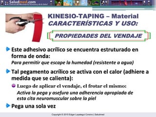 Copyright © 2015 Edgar Lopategui Corsino | Saludmed
KINESIO
KINESIO-
-TAPING
TAPING –
– Material
Material
CARACTER
CARACTERÍ
ÍSTICAS Y USO:
STICAS Y USO:
PROPIEDADES DEL VENDAJE
PROPIEDADES DEL VENDAJE
Pega
Pega una
una sola
sola vez
vez
Tal
Tal pegamento
pegamento acr
acrí
ílico
lico se
se activa
activa con el
con el calor
calor (
(adhiere
adhiere a
a
medida
medida que
que se
se calienta
calienta):
):
Este
Este adhesivo
adhesivo acr
acrí
ílico
lico se
se encuentra
encuentra estruturado
estruturado en
en
forma de
forma de onda
onda:
:
Para permitir que escape la humedad (resistente a agua)
Luego de aplicar el vendaje, el frotar el mismo:
Activa la pega y asefura una adherencia apropiada de
esta cita neuromuscular sobre la piel
 