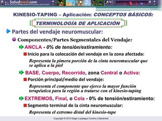 Copyright © 2015 Edgar Lopategui Corsino | Saludmed
Partes
Partes del
del vendaje
vendaje neuromuscular:
neuromuscular:
Componentes/Partes Segmentales del Vendaje:
ANCLA - 0% de tensión/estiramiento:
Inicio para la colocación del vendaje en la zona afectada:
Representa la
Representa la pimera
pimera porci
porció
ón de la cinta neuromuscular que
n de la cinta neuromuscular que
se aplica a la piel
se aplica a la piel
BASE, Cuerpo, Recorrido, zona Central o Activa:
Porción principal/medio del vendaje:
Representa el componente que ejerce la mayor funci
Representa el componente que ejerce la mayor funció
ón
n
terap
terapé
éutica para la regi
utica para la regió
ón a tratarse con el
n a tratarse con el kinesio
kinesio-
-taping
taping
EXTREMOS, Final, o Cola - 0% de tensión/estiramiento:
Segmento terminal de la cinta neuromuscular:
Representa el extremo distal del
Representa el extremo distal del kinesio
kinesio-
-tape
tape
TERMINOLOG
TERMINOLOGÍ
ÍA DE APLICACI
A DE APLICACIÓ
ÓN
N
KINESIO
KINESIO-
-TAPING
TAPING –
– Aplicaci
Aplicació
ón:
n: CONCEPTOS B
CONCEPTOS BÁ
ÁSICOS:
SICOS:
 
