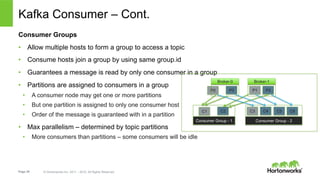 Page 20 © Hortonworks Inc. 2011 – 2015. All Rights Reserved
Kafka Consumer – Cont.
Consumer Groups
•  Allow multiple hosts to form a group to access a topic
•  Consume hosts join a group by using same group.id
•  Guarantees a message is read by only one consumer in a group
•  Partitions are assigned to consumers in a group
•  A consumer node may get one or more partitions
•  But one partition is assigned to only one consumer host
•  Order of the message is guaranteed with in a partition
•  Max parallelism – determined by topic partitions
•  More consumers than partitions – some consumers will be idle
P0
Broker-0
P3
Broker-1
P1 P2
C1 C2
Consumer Group - 1
C3 C4
Consumer Group - 2
C5 C6
 