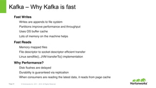 Page 21 © Hortonworks Inc. 2011 – 2015. All Rights Reserved
Kafka – Why Kafka is fast
Fast Writes
Writes are appends to ﬁle system
Partitions improve performance and throughput
Uses OS buffer cache
Lots of memory on the machine helps
Fast Reads
Memory mapped ﬁles
File descriptor to socket descriptor efﬁcient transfer
Linux sendﬁle(), JVM transferTo() implementation
Why Performance?
Disk ﬂushes are delayed
Durability is guaranteed via replication
When consumers are reading the latest data, it reads from page cache
 