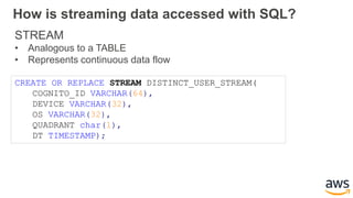 How is streaming data accessed with SQL?
STREAM
• Analogous to a TABLE
• Represents continuous data flow
CREATE OR REPLACE STREAM DISTINCT_USER_STREAM(
COGNITO_ID VARCHAR(64),
DEVICE VARCHAR(32),
OS VARCHAR(32),
QUADRANT char(1),
DT TIMESTAMP);
 