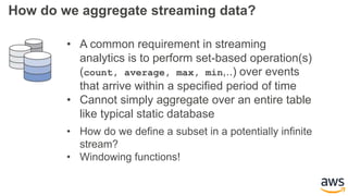 How do we aggregate streaming data?
• A common requirement in streaming
analytics is to perform set-based operation(s)
(count, average, max, min,..) over events
that arrive within a specified period of time
• Cannot simply aggregate over an entire table
like typical static database
• How do we define a subset in a potentially infinite
stream?
• Windowing functions!
 