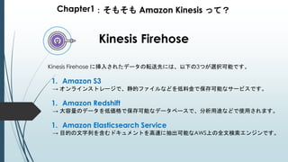 Chapter1：そもそも Amazon Kinesis って？
Kinesis Firehose
Kinesis Firehose に挿入されたデータの転送先には、以下の3つが選択可能です。
1. Amazon S3
→ オンラインストレージで、静的ファイルなどを低料金で保存可能なサービスです。
1. Amazon Redshift
→ 大容量のデータを低価格で保存可能なデータベースで、分析用途などで使用されます。
1. Amazon Elasticsearch Service
→ 目的の文字列を含むドキュメントを高速に抽出可能なAWS上の全文検索エンジンです。
 