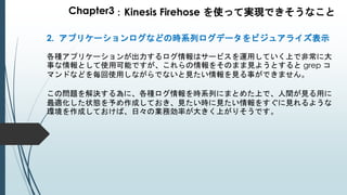 Chapter3：Kinesis Firehose を使って実現できそうなこと
2. アプリケーションログなどの時系列ログデータをビジュアライズ表示
各種アプリケーションが出力するログ情報はサービスを運用していく上で非常に大
事な情報として使用可能ですが、これらの情報をそのまま見ようとすると grep コ
マンドなどを毎回使用しながらでないと見たい情報を見る事ができません。
この問題を解決する為に、各種ログ情報を時系列にまとめた上で、人間が見る用に
最適化した状態を予め作成しておき、見たい時に見たい情報をすぐに見れるような
環境を作成しておけば、日々の業務効率が大きく上がりそうです。
 