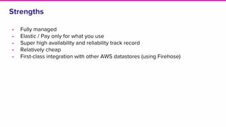 Strengths
• Fully managed
• Elastic / Pay only for what you use
• Super high availability and reliability track record
• Relatively cheap
• First-class integration with other AWS datastores (using Firehose)
 