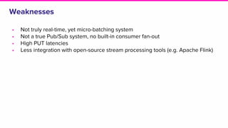Weaknesses
• Not truly real-time, yet micro-batching system
• Not a true Pub/Sub system, no built-in consumer fan-out
• High PUT latencies
• Less integration with open-source stream processing tools (e.g. Apache Flink)
 