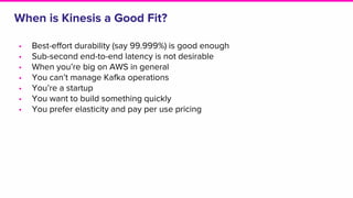 When is Kinesis a Good Fit?
• Best-effort durability (say 99.999%) is good enough
• Sub-second end-to-end latency is not desirable
• When you’re big on AWS in general
• You can’t manage Kafka operations
• You’re a startup
• You want to build something quickly
• You prefer elasticity and pay per use pricing
 