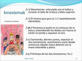 kinestemak
Praktikak eta ariketak
/ r / Movimiento articulado con el índice y
corazón al lado de la boca y labio superior.
/ r / El mismo que para la / r/ repetidamente
vibrándolo.
/ ch / Ponemos el puño en la comisura de la
boca y extendiendo los dedos con fuerza al
emitir el sonido y expulsar el aire.
/ s / Sonriendo, dientes juntos, expulsar el
aire lentamente, movimiento suave desde
comisuras labiales hacia delante con la
mano extendida y plana.
/ x / Participa de los dos kinestemas / ks /.
Marisa Revilla 10
 