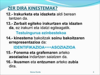 ZER DIRA KINESTEMAK?
12.- Irakurketa eta idazketa aldi berean
lantzen da.
13.- Zerbait egiteko irakurtzen eta idazten
da, ez irakurri eta idatzi egiteagatik.
Testuingurua ezinbestekoa
14.- kinestema bakoitzak soinu bakoitzaren
errepresentazioa da:
IDENTIFIKAZIOA===ASOZIAZIOA
15.- Fonema eta grafemaren arteko
asoziazioa indartzen saiatzen da.
16.- Ikusmen eta entzumen arteko zubia
dira.
Marisa Revilla 6
 