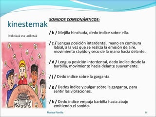 kinestemak
Praktikak eta ariketak
SONIDOS CONSONÁNTICOS:
/ b / Mejilla hinchada, dedo índice sobre ella.
/ z / Lengua posición interdental, mano en comisura
labial, a la vez que se realiza la emisión de aire,
movimiento rápido y seco de la mano hacia delante.
/ d / Lengua posición interdental, dedo índice desde la
barbilla, movimiento hacia delante suavemente.
/ j / Dedo índice sobre la garganta.
/ g / Dedos índice y pulgar sobre la garganta, para
sentir las vibraciones.
/ k / Dedo índice empuja barbilla hacia abajo
emitiendo el sonido.
Marisa Revilla 8
 