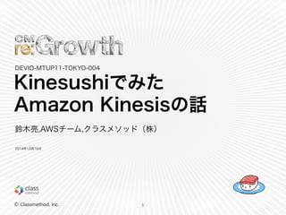 Ⓒ Classmethod, Inc.
Kinesushiでみた
Amazon Kinesisの話
1
DEVIO-MTUP11-TOKYO-004
鈴木亮,AWSチーム,クラスメソッド（株）
2014年12月16日
 