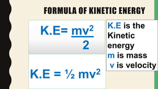 FORMULA OF KINETIC ENERGY
K.E= mv2
2
K.E = ½ mv2
K.E is the
Kinetic
energy
m is mass
v is velocity
 