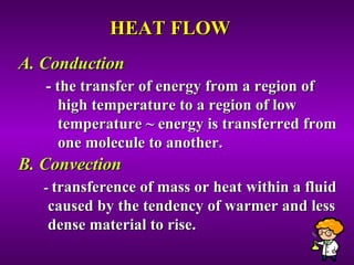 HEAT FLOW A. Conduction - the transfer of energy from a region of  high temperature to a region of low  temperature ~ energy is transferred from  one molecule to another . B. Convection -  transference of mass or heat within a fluid caused by the tendency of warmer and less dense material to rise. 