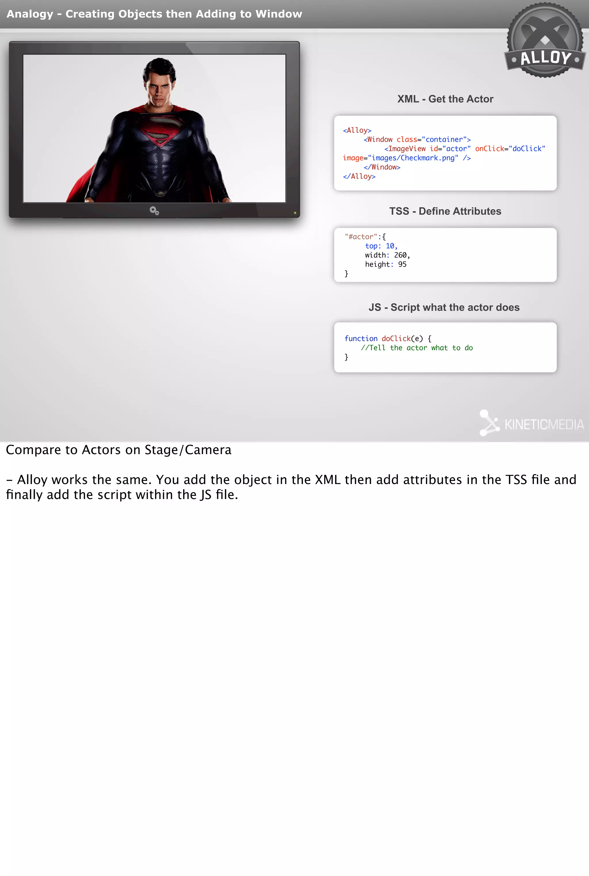 Analogy - Creating Objects then Adding to Window 
<Alloy> 
<Window class="container"> 
<ImageView id="actor" onClick="doClick" 
image="images/Checkmark.png" /> 
</Window> 
</Alloy> 
XML - Get the Actor 
TSS - Define Attributes 
"#actor":{ 
top: 10, 
width: 260, 
height: 95 
function doClick(e) { 
//Tell the actor what to do 
} 
JS - Script what the actor does 
} 
Compare to Actors on Stage/Camera 
- Alloy works the same. You add the object in the XML then add attributes in the TSS file and 
finally add the script within the JS file. 
 