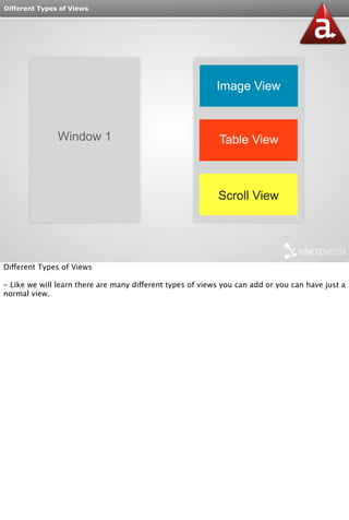 Different Types of Views 
Window 1 
Image View 
Table View 
Scroll View 
Different Types of Views 
- Like we will learn there are many different types of views you can add or you can have just a 
normal view. 
 