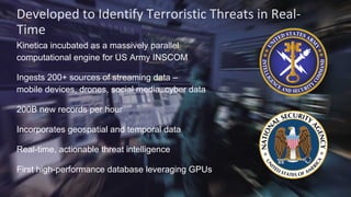 The image part with relationship ID rId2 was not found in the ﬁle.
Developed	to	Identify	Terroristic	Threats	in	Real-
Time
4
Kinetica incubated as a massively parallel
computational engine for US Army INSCOM
Ingests 200+ sources of streaming data –
mobile devices, drones, social media, cyber data
200B new records per hour
Incorporates geospatial and temporal data
Real-time, actionable threat intelligence
First high-performance database leveraging GPUs
4
 