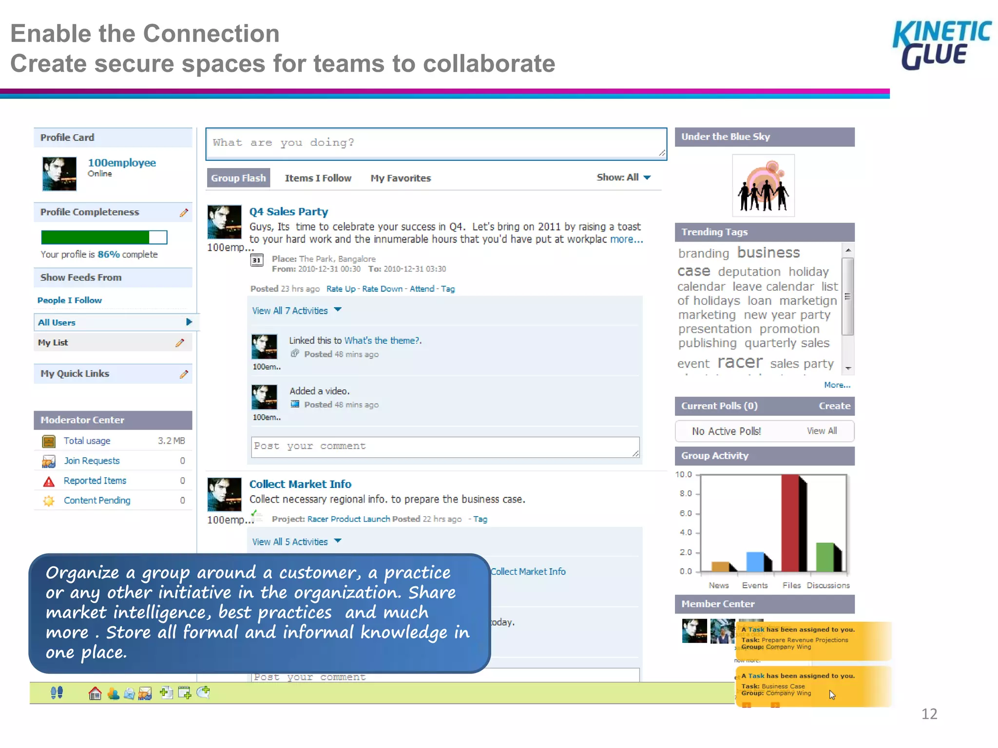 Enable the Connection
Create secure spaces for teams to collaborate




  Organize a group around a customer, a practice
  or any other initiative in the organization. Share
  market intelligence, best practices and much
  more . Store all formal and informal knowledge in
  one place.


                                                       12
 