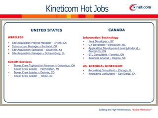 CANADA

UNITED STATES
WIRELESS
•
•
•
•

Information Technology

Site Acquisition Project Manager – Irvine, CA
Construction Manager – Portland, OR
Site Acquisition Specialist – Louisville, KY
Site Acquisition Manager – Schaumburg, IL

•
•
•
•
•

Java Developer – BC
C# Developer –Vancouver, BC
Application Development Lead (Amdocs) –
Brampton, ON
ETL Consultant –Toronto, ON
Business Analyst – Regina, SK

K2COM Services
•
•
•
•

Tower
Tower
Tower
Tower

Crew
Crew
Crew
Crew

Tophand or Foreman – Columbus, OH
Leader – Farmington, MI
Leader – Denver, CO
Leader – Boise, ID

US- INTERNAL KINETICOM
•
•

Recruiting Consultant – Chicago, IL
Recruiting Consultant – San Diego, CA

 