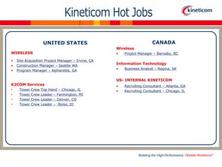 CANADA

UNITED STATES
Wireless

WIRELESS
•
•
•

•

Site Acquisition Project Manager – Irvine, CA
Construction Manager – Seattle WA
Program Manager – Alpharetta, GA

K2COM Services
•
•
•
•

Tower
Tower
Tower
Tower

Crew
Crew
Crew
Crew

Top Hand – Chicago, IL
Leader – Farmington, MI
Leader – Denver, CO
Leader – Boise, ID

Project Manager – Barnaby, BC

Information Technology
•

Business Analyst – Regina, SK

US- INTERNAL KINETICOM
•
•

Recruiting Consultant – Atlanta, GA
Recruiting Consultant – Chicago, IL

 
