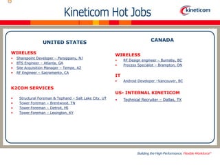 UNITED STATES
WIRELESS
• Sharepoint Developer – Parsippany, NJ
• BTS Engineer – Atlanta, GA
• Site Acquisition Manager – Tempe, AZ
• RF Engineer – Sacramento, CA
K2COM SERVICES
• Structural Foreman & Tophand – Salt Lake City, UT
• Tower Foreman – Brentwood, TN
• Tower Foreman – Detroit, MI
• Tower Foreman – Lexington, KY
CANADA
WIRELESS
• RF Design engineer – Burnaby, BC
• Process Specialist – Brampton, ON
IT
• Android Developer –Vancouver, BC
US- INTERNAL KINETICOM
• Technical Recruiter – Dallas, TX
 