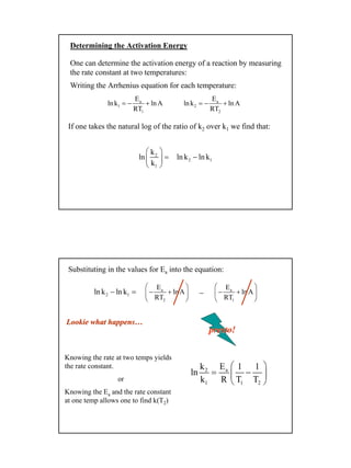 21
Determining the Activation Energy
a
1
1
E
lnk lnA
RT
= − + a
2
2
E
lnk lnA
RT
= − +
2 1ln k ln k−
One can determine the activation energy of a reaction by measuring
the rate constant at two temperatures:
Writing the Arrhenius equation for each temperature:
If one takes the natural log of the ratio of k2 over k1 we find that:
2
1
k
ln
k
 
= 
 
a2
1 1 2
Ek 1 1
ln
k R T T
 
= − 
 
presto!presto!
Knowing the rate at two temps yields
the rate constant.
or
Knowing the Ea and the rate constant
at one temp allows one to find k(T2)
a
1
E
lnA
RT
 
− + 
 
Substituting in the values for Ea into the equation:
a
2
E
lnA
RT
 
− + 
 
2 1ln k ln k− = −
LookieLookie what happens…what happens…
 
