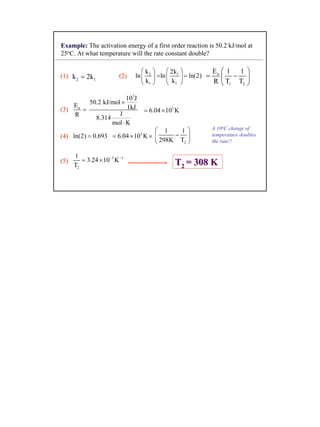 22
Example: The activation energy of a first order reaction is 50.2 kJ/mol at
25oC. At what temperature will the rate constant double?
2 1k 2k=
2
1
k
ln
k
 
= 
 
1
1
2k
ln
k
 
 
 
ln(2)= a
1 2
E 1 1
R T T
 
= − 
 
aE
R
=
3
10 J
50.2 kJ/mol
1kJ
J
8.314
mol K
×
⋅
3
6.04 10 K= ×
ln(2) 0.693= 3
6.04 10 K= × ×
2
1 1
298K T
 
− 
 
3 1
2
1
3.24 10 K
T
− −
= ×
(1)(1) (2)(2)
(3)(3)
(4)(4)
(5)(5) TT22 = 308 K= 308 K
A 10oC change of
temperature doubles
the rate!!
 
